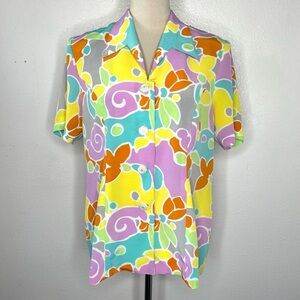 VINTAGE 1980s Button Down Psychedelic Printed Blouse Vtg 80s Short Sleeve Top